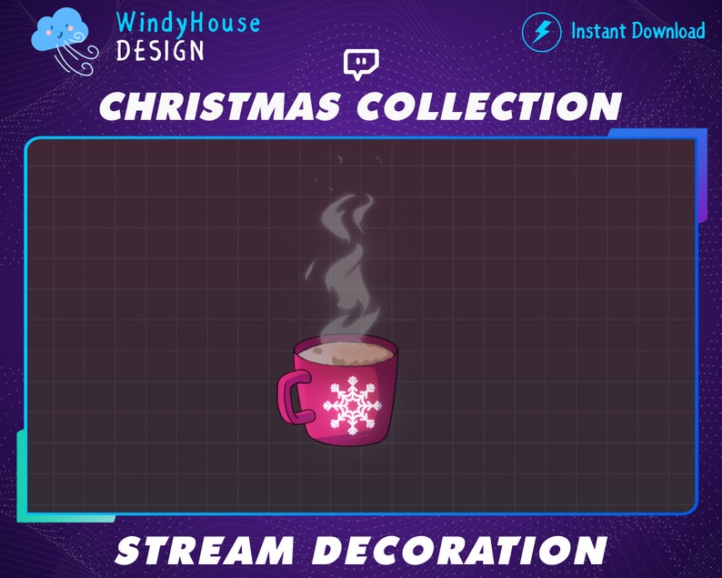 K&ouml;nnte beinhalten: Eine rote Tasse mit einem wei&szlig;en Schneeflocken-Design und Dampf, der aus ihr aufsteigt. Die Tasse befindet sich auf einem dunkelgrauen Hintergrund mit einem Gittermuster. Der Text "CHRISTMAS COLLECTION" befindet sich oben im Bild und "STREAM DECORATION" unten.