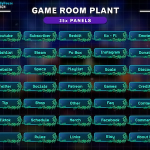 Puede incluir: Una ilustraci&oacute;n digital de 35 botones azules y verdes con texto blanco. Los botones est&aacute;n dispuestos en una cuadr&iacute;cula de 5 filas y 7 columnas. El texto en los botones incluye: Youtube, Suscriptor, Lista de deseos, Steam, Reddit, Ko - Fi, Emoticonos, Apartado de correos, Instagram, Donar, Sitio web, Especificaciones, Lista de reproducci&oacute;n, Metas, Discord, Twitter, Redes sociales, Patreon, Juegos, Cr&eacute;ditos, Propina, Tienda, Otro, Preguntas frecuentes, Contacto, Tiktok, Horario, Mercanc&iacute;a, Facebook, Comandos, Reglas, Enlaces, Etsy, Acerca de m&iacute;.