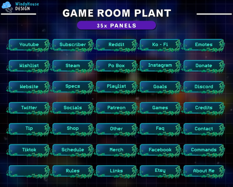 Puede incluir: Una ilustraci&oacute;n digital de 35 botones azules y verdes con texto blanco. Los botones est&aacute;n dispuestos en una cuadr&iacute;cula de 5 filas y 7 columnas. El texto en los botones incluye: Youtube, Suscriptor, Lista de deseos, Steam, Reddit, Ko - Fi, Emoticonos, Apartado de correos, Instagram, Donar, Sitio web, Especificaciones, Lista de reproducci&oacute;n, Metas, Discord, Twitter, Redes sociales, Patreon, Juegos, Cr&eacute;ditos, Propina, Tienda, Otro, Preguntas frecuentes, Contacto, Tiktok, Horario, Mercanc&iacute;a, Facebook, Comandos, Reglas, Enlaces, Etsy, Acerca de m&iacute;.