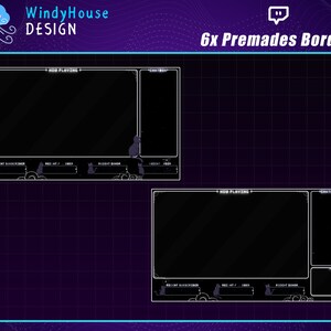 May include: Two black and white Twitch stream overlays with a cat theme. The overlays feature a "Now Playing" section, a chatbox, and a section for recent subscribers, tips, and donators. The overlays have a dark background with white outlines and decorative elements.