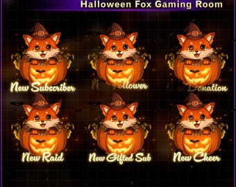Cute Fox Halloween Stream Alerts Pack, Pumpkin Fox Twitch Alerts, Kawaii Halloween Animated Alerts with Raid Alert for OBS VTuber