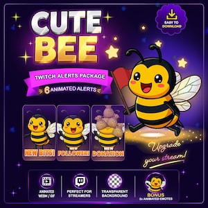 Könnte beinhalten: Digitalgrafik mit einer Cartoon-Biene, die eine rote Fahne hält, zur Werbung für ein Twitch-Alerts-Paket. Das Design enthält den Text "CUTE BEE" und "TWITCH ALERTS PACKAGE" mit animierten Alerts und Bonus-Emotes. Das Farbschema ist lila, gelb und schwarz.