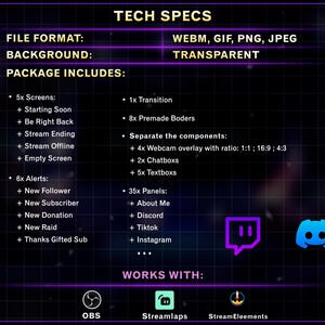K&ouml;nnte beinhalten: Eine digitale Grafik mit "TECH SPECS" f&uuml;r Streaming-Overlays, die Dateiformate, Hintergrundinformationen und Paketinhalt auflistet. Enth&auml;lt Bildschirme, Benachrichtigungen und Panels. Kompatibel mit OBS, Streamlabs und StreamElements.
