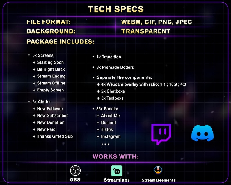 K&ouml;nnte beinhalten: Eine digitale Grafik mit "TECH SPECS" f&uuml;r Streaming-Overlays, die Dateiformate, Hintergrundinformationen und Paketinhalt auflistet. Enth&auml;lt Bildschirme, Benachrichtigungen und Panels. Kompatibel mit OBS, Streamlabs und StreamElements.