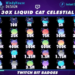 30x Liquid Cats Celestials Twitch Bit Badges / Complete Twitch Bit Badges Set/ Twitch Tier Badges / Star Badges / Number Bit Badges