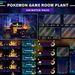 Puede incluir: Paquete de superposición animado de Twitch con un tema de sala de juegos de Pokémon. La superposición incluye una variedad de paneles para diferentes eventos, como nuevos suscriptores, nuevos seguidores, incursiones y donaciones. Los paneles están decorados con un diseño de enredadera verde y azul y presentan un personaje de Pokémon en el centro.