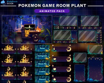 Paquete de transmisión de sala de juegos animada, superposición de Twitch de plantas acogedoras y estéticas con Pikachu, Eevee, Umbreon...