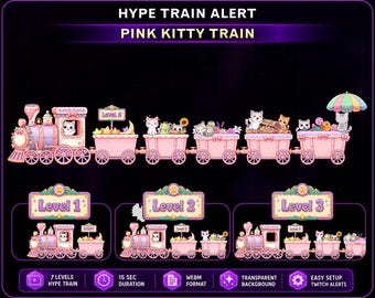 Animated Cute Cat Express Hype Train Alert,  Kawaii Pink Kitty Twitch Hype Alert for OBS Streamlabs Kick VTuber