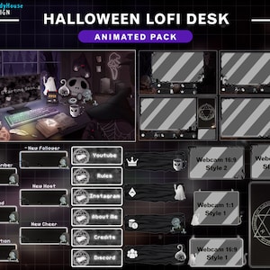 Animated Twitch Sream Full Package Halloween Lofi Desk Black & White Theme , Halloween Room Stream Screens with Spider, Ghost, Skull...