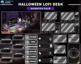 Op de afbeelding: Geanimeerd Twitch-stream overlay-pakket met Halloween-thema met een donkere achtergrond en griezelige graphics. Het pakket bevat een 'start binnenkort'-scherm, webcamframes, meldingen voor nieuwe volgers, abonnees, hosts, raids, cheers en donaties, en social media-knoppen.