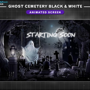 Puede incluir: Un protector de pantalla animado en blanco y negro que presenta un fantasma balanceándose en un columpio en un cementerio espeluznante. El texto "STARTING SOON" se muestra en letras blancas sobre un fondo morado.