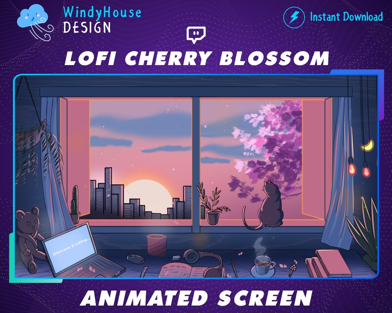 Op de afbeelding: Geanimeerde screensaver met een raamzicht op een skyline van de stad bij zonsondergang met een kersenbloesemboom op de voorgrond. Het raam is omlijst met gordijnen en er staan ​​verschillende voorwerpen op een bureau onder het raam, waaronder een laptop, een teddybeer, een potplant, een mok en boeken.