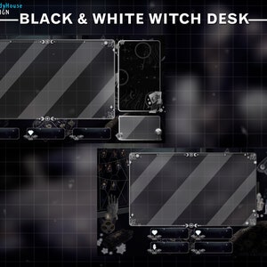 May include: Black and white witch desk design with a grid background. The design includes a large main display area with diagonal stripes, smaller display areas, and decorative elements like stars, moons, and hearts. The text "BLACK & WHITE WITCH DESK" is at the top.