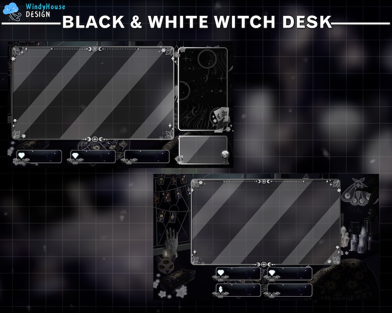 May include: Black and white witch desk design with a grid background. The design includes a large main display area with diagonal stripes, smaller display areas, and decorative elements like stars, moons, and hearts. The text "BLACK & WHITE WITCH DESK" is at the top.
