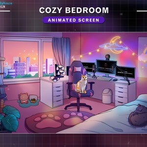 May include: A cozy bedroom with a city view, a gaming setup with a neon moon and stars, a cat sitting in a gaming chair, and a cat sleeping on a bed.