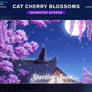 アニメーション ストリーム スクリーン 桜 黒猫 月を見る、アニメーション Twitch スクリーン 屋根の上のローファイ猫、きらきら星、夜空