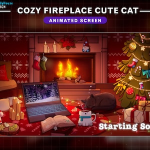 Animated Twitch Screens Cozy Christmas Room, Aesthetic Xmas Room Stream Screens with Black Cat, Fireplace, Snow, Christmas Tree, Coffee