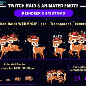 Könnte beinhalten: Animierter Twitch-Raid und Emote mit Rentieren, die Weihnachtsmützen tragen. Das Bild enthält den Text "REINDEER CHRISTMAS", "Twitch Raid" und "Animated Emote". Der Raid ist im WEBM/GIF-Format, 15 Sekunden lang und transparent, mit einer Auflösung von 1920x1080.