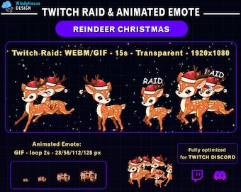 May include: Animated Twitch raid and emote featuring reindeer wearing Santa hats. The image includes the text "REINDEER CHRISTMAS", "Twitch Raid", and "Animated Emote". The raid is a WEBM/GIF format, 15 seconds long, and transparent, with a resolution of 1920x1080.