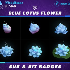 Blue Blooming Lotus Flower Twitch Sub/Bit Badges, Kawaii Sub Badges, Cute Sub Badges For Streamers, Bit Loyalty Badges