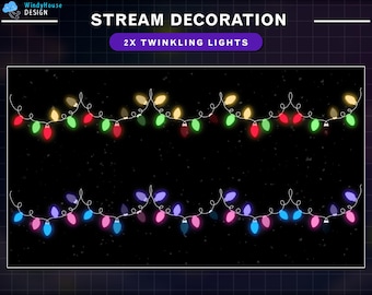 Puede incluir: Dos hileras de luces parpadeantes con bombillas de diferentes colores. La hilera superior tiene bombillas amarillas, rojas, verdes y azules. La hilera inferior tiene bombillas moradas, rosas, azules y azul claro. El texto "STREAM DECORATION 2X TWINKLING LIGHTS" está en la parte superior de la imagen.