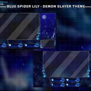 Puede incluir: Un dise&ntilde;o de superposici&oacute;n digital con un tema azul y negro. Incluye un &aacute;rea de visualizaci&oacute;n rectangular grande con rayas diagonales, una escena nocturna iluminada por la luna y elementos decorativos. El texto "BLUE SPIDER LILY - DEMON SLAYER THEME" est&aacute; presente.