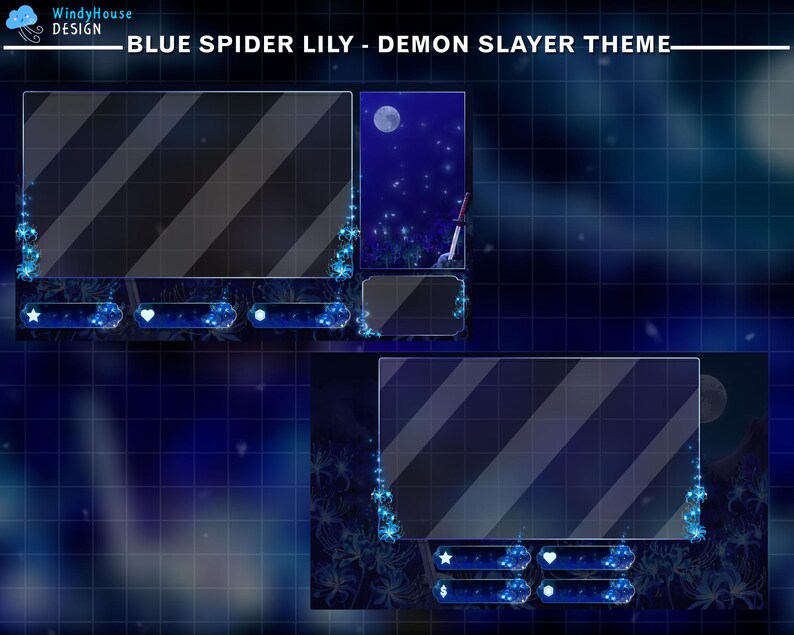 Puede incluir: Un dise&ntilde;o de superposici&oacute;n digital con un tema azul y negro. Incluye un &aacute;rea de visualizaci&oacute;n rectangular grande con rayas diagonales, una escena nocturna iluminada por la luna y elementos decorativos. El texto "BLUE SPIDER LILY - DEMON SLAYER THEME" est&aacute; presente.