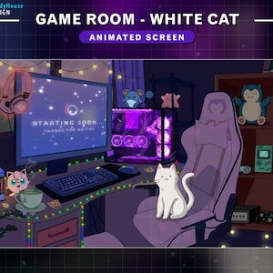 Schermi Twitch animati Accogliente sala giochi, schermi animati Stream Lo-fi Room con White Cat, Pokemon, Tea, Candle, Rainy...