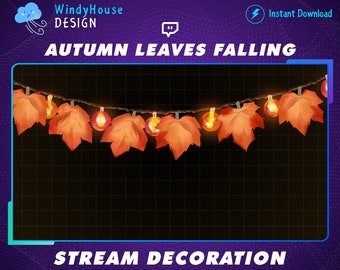 Puede incluir: Gráfico digital con una guirnalda de hojas de otoño naranjas y luces brillantes. Se muestra el texto "AUTUMN LEAVES FALLING" y "STREAM DECORATION". El diseño tiene un fondo oscuro con un patrón de cuadrícula.