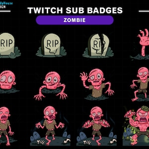May include: A collection of Twitch sub badges with a zombie theme. The badges include tombstones with "RIP" and various zombie illustrations in pink and brown, with the text "Twitch Sub Badges" at the top.