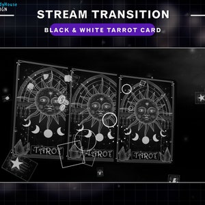 Geanimeerde zwart-witte tarotkaartstroomovergang, hemelse twitch-overgang met maan, zon, ster, nachtelijke hemel...