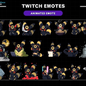 Pacchetto di emote Twitch di Dark Umbreon animato, emote di evoluzione di Eevee, emote di Pokemon kawaii carine per streamer, Twitch, Discord, YouTube