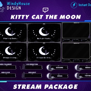 Animated Cute Cat Twitch Overlay Stream Package, Moon Twitch Overlay, Celestial Stream Package For Twitch