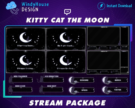 Animated Cute Cat Twitch Overlay Stream Package, Moon Twitch Overlay, Celestial Stream Package For Twitch