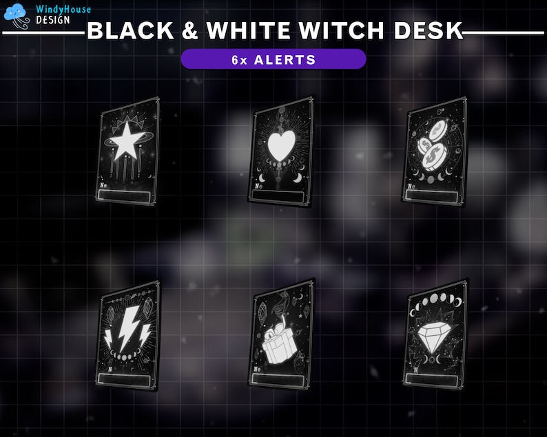 May include: Black and white witch desk design featuring six tarot card designs. Each card has a different graphic, including a star, heart, coins, lightning bolt, gift, and diamond. The text "BLACK & WHITE WITCH DESK" and "6x ALERTS" are also present.
