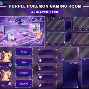 May include: A purple animated pack for a gaming room with a Pokémon theme. The design includes a computer setup with Pikachu and Eevee figures, along with overlay elements for streaming platforms. The pack includes animated screens and social media buttons.