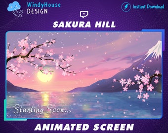 ANIMATED Sakura Hill Twitch Stream Screen, Sakura Twitch Overlays, Sakura Petals Scenes, Lofi Cozy Spring Sakura, Calm Overlay