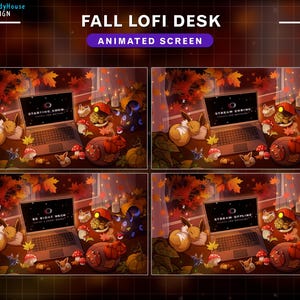 May include: A digital illustration of a fall-themed lofi desk setup. The desk has a laptop with a screen that says "STREAMING SOON" and a few other items, including a cup of coffee, a plant, and a few other items. The background is a dark brown color with a few fall leaves scattered around.