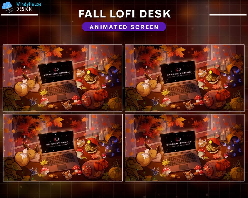 May include: A digital illustration of a fall-themed lofi desk setup. The desk has a laptop with a screen that says "STREAMING SOON" and a few other items, including a cup of coffee, a plant, and a few other items. The background is a dark brown color with a few fall leaves scattered around.