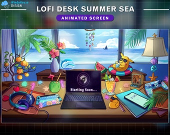 Pantallas animadas Lofi Desk Day Summer Stream, Estética de sala de juegos de Twitch, Configuración de escritorio con portátil, Pikachu y auriculares