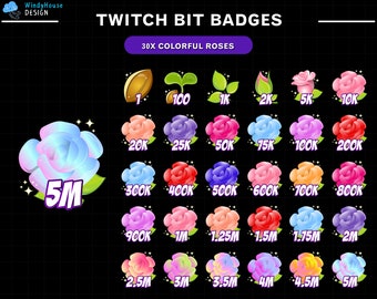 30x Distintivi per bit di contrazione con rose colorate / Set completo di badge per bit di contrazione / Distintivi di livello Twitch / Distintivi di teschio / Distintivi di bit numerici