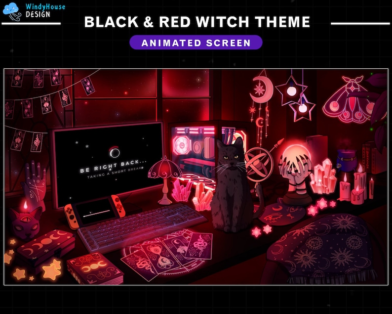 May include: A black and red themed computer desktop with a black cat, a crystal ball, tarot cards, and a lit candle. The computer screen displays the text "BE RIGHT BACK... TAKING A SHORT BREAK".