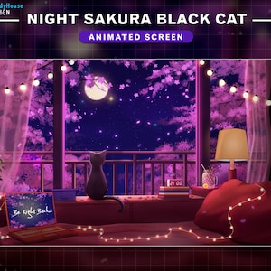 Animated Twitch Screens Lo-fi Black Cat Cherry Blossom, Night Sakura Black Cat Stream Screens for Streamers, OBS, Streamlabs...