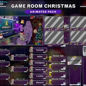 Animated Full Stream Package Winter Lo-fi Room, Christmas Cat Twitch Overlay, Cozy Game Room with Christmas Tree, Snow Falling...