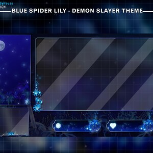 Puede incluir: Un dise&ntilde;o de superposici&oacute;n digital con un tema de lirio ara&ntilde;a azul y Demon Slayer. El dise&ntilde;o presenta un gran marco central, una escena iluminada por la luna y elementos decorativos con flores azules y estrellas. El logotipo de WindyHouse Design est&aacute; en la esquina superior izquierda.