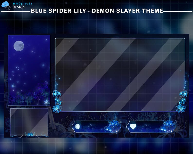 Puede incluir: Un dise&ntilde;o de superposici&oacute;n digital con un tema de lirio ara&ntilde;a azul y Demon Slayer. El dise&ntilde;o presenta un gran marco central, una escena iluminada por la luna y elementos decorativos con flores azules y estrellas. El logotipo de WindyHouse Design est&aacute; en la esquina superior izquierda.