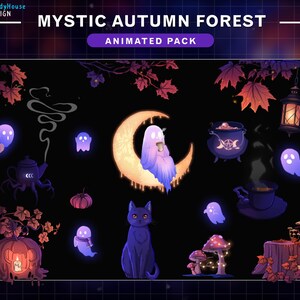 Puede incluir: Paquete animado "Mystic Autumn Forest" con un gato negro, fantasmas y elementos otoñales. La imagen presenta una luna creciente, un caldero, una calabaza, setas y una linterna, todo sobre un fondo oscuro. El texto "Mystic Autumn Forest" y "Animated Pack" se muestran.