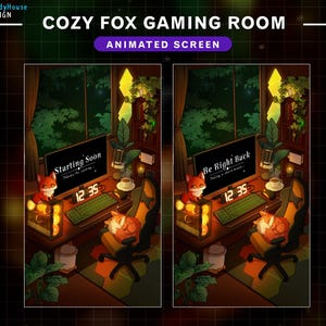 May include: Animated gaming room screen with a cosy fox theme. The screen shows "Starting Soon" and "Be Right Back" messages, a fox character, a desk, and a clock displaying 12:35. The design includes a window view and a warm colour palette.
