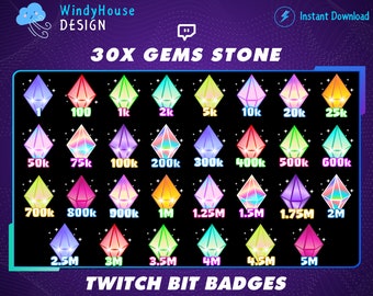 30x Gems Stone Twitch Bit Badges / Complete Twitch Bit Badges Set/ Twitch Tier Badges, Diamond Sub Badges, Number Bit Badges, Gamer Graphics
