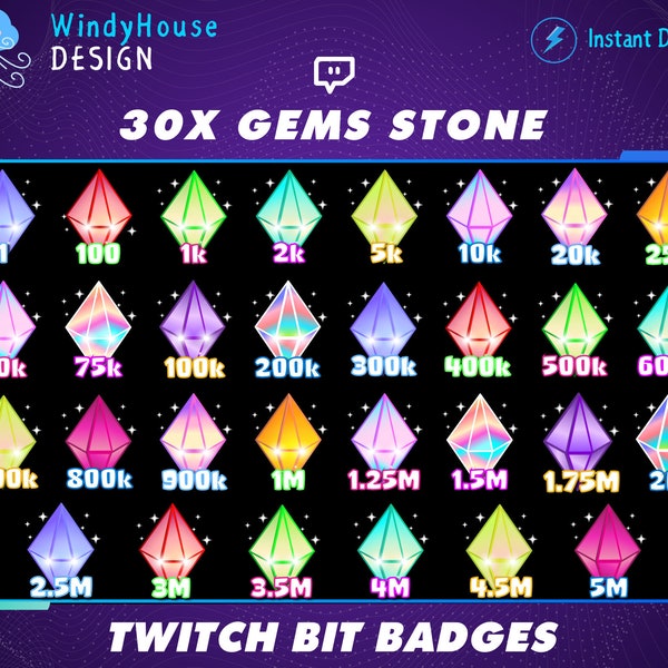 30x Gems Stone Twitch Bit Badges / Complete Twitch Bit Badges Set/ Twitch Tier Badges, Diamond Sub Badges, Number Bit Badges, Gamer Graphics